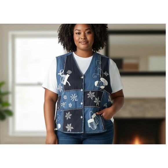 Carolina Blues Plus Denim Top Vest SZ 20 Sleeveless Applique Patchwork Snow Boho - Picture 1 of 12